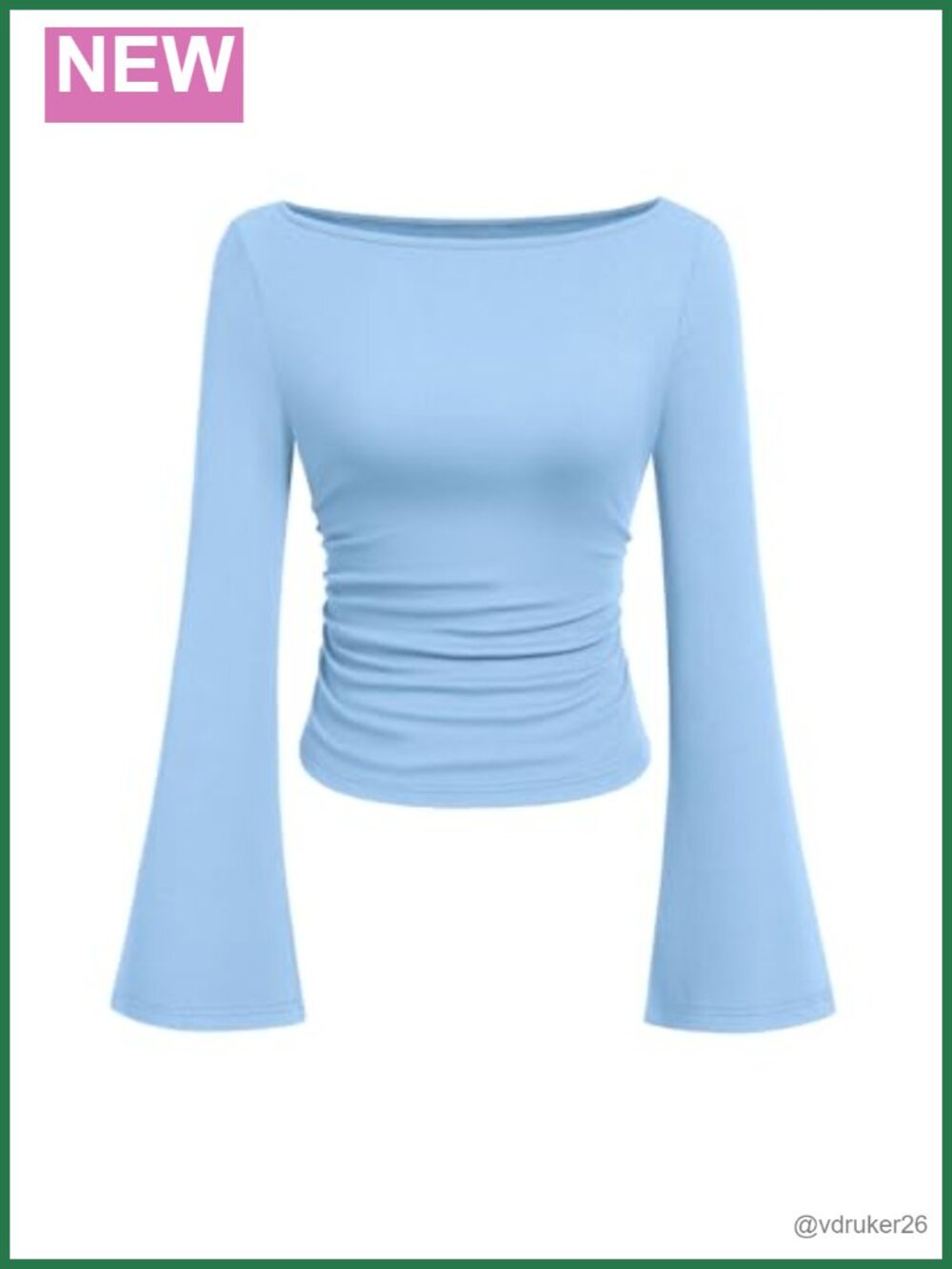 Ribbed Knit Boat Neck Bell Sleeve Crop Top Long Sleeve Fitted Casual Tee